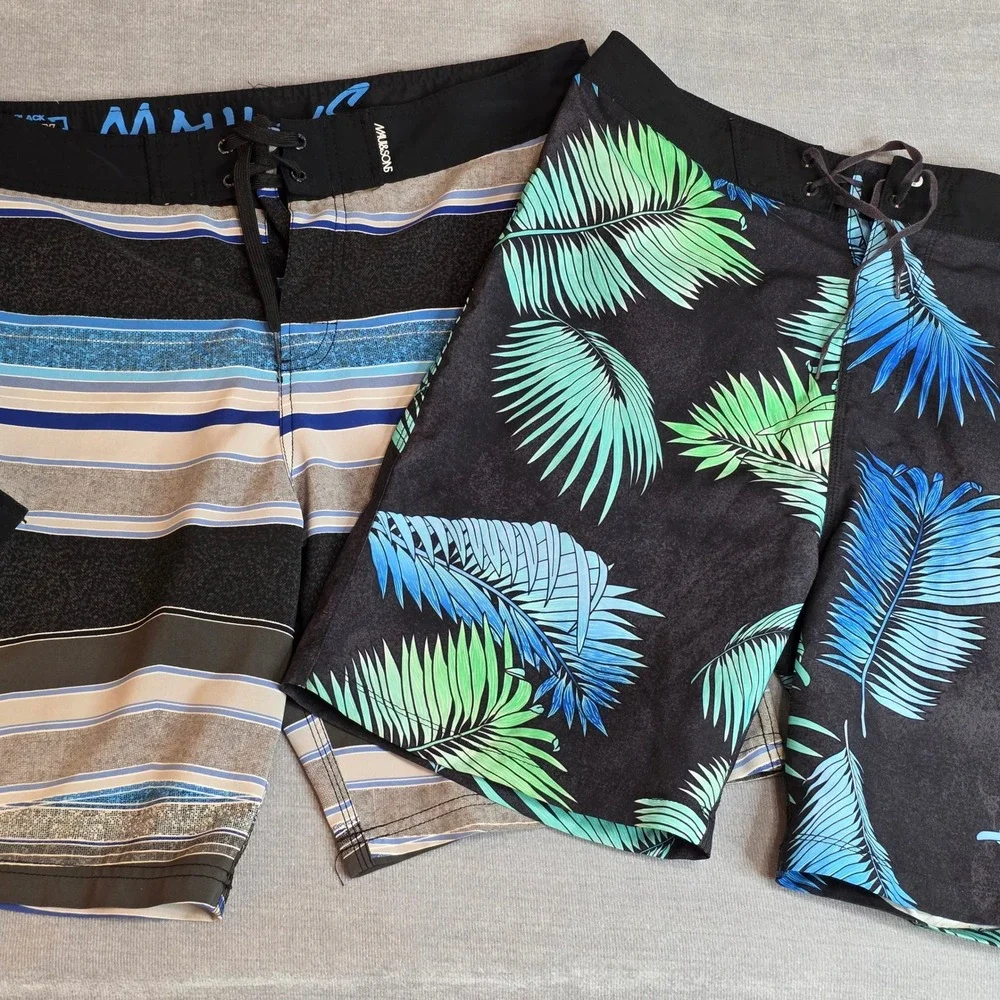 Lot of 2 Hurley Maui & Sons Board Shorts Mens 32 Black Tropical Striped Swim